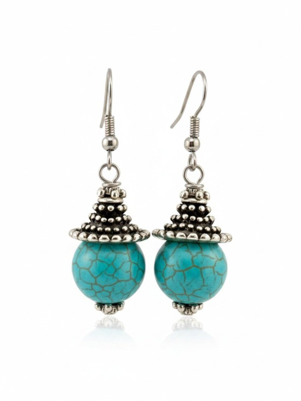 Turquoise Blue Wagnerite Earrings Silver Tone Boho Southwestern Dangle Drop 2 in
